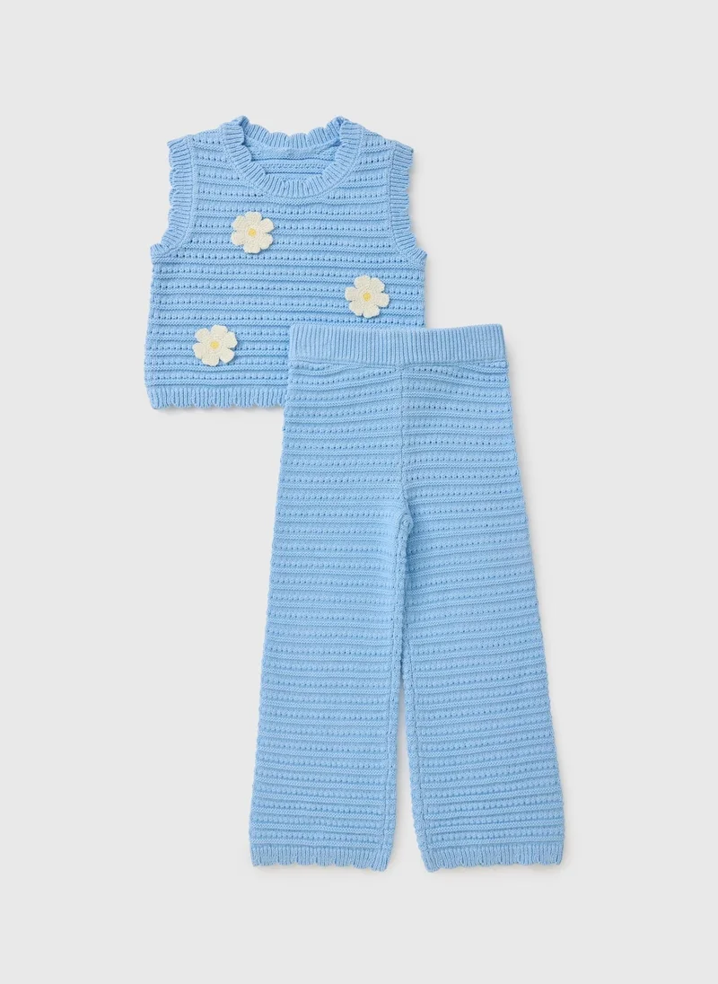 ماتلان Girls Blue Crochet Daisy Top & Trouser Set
